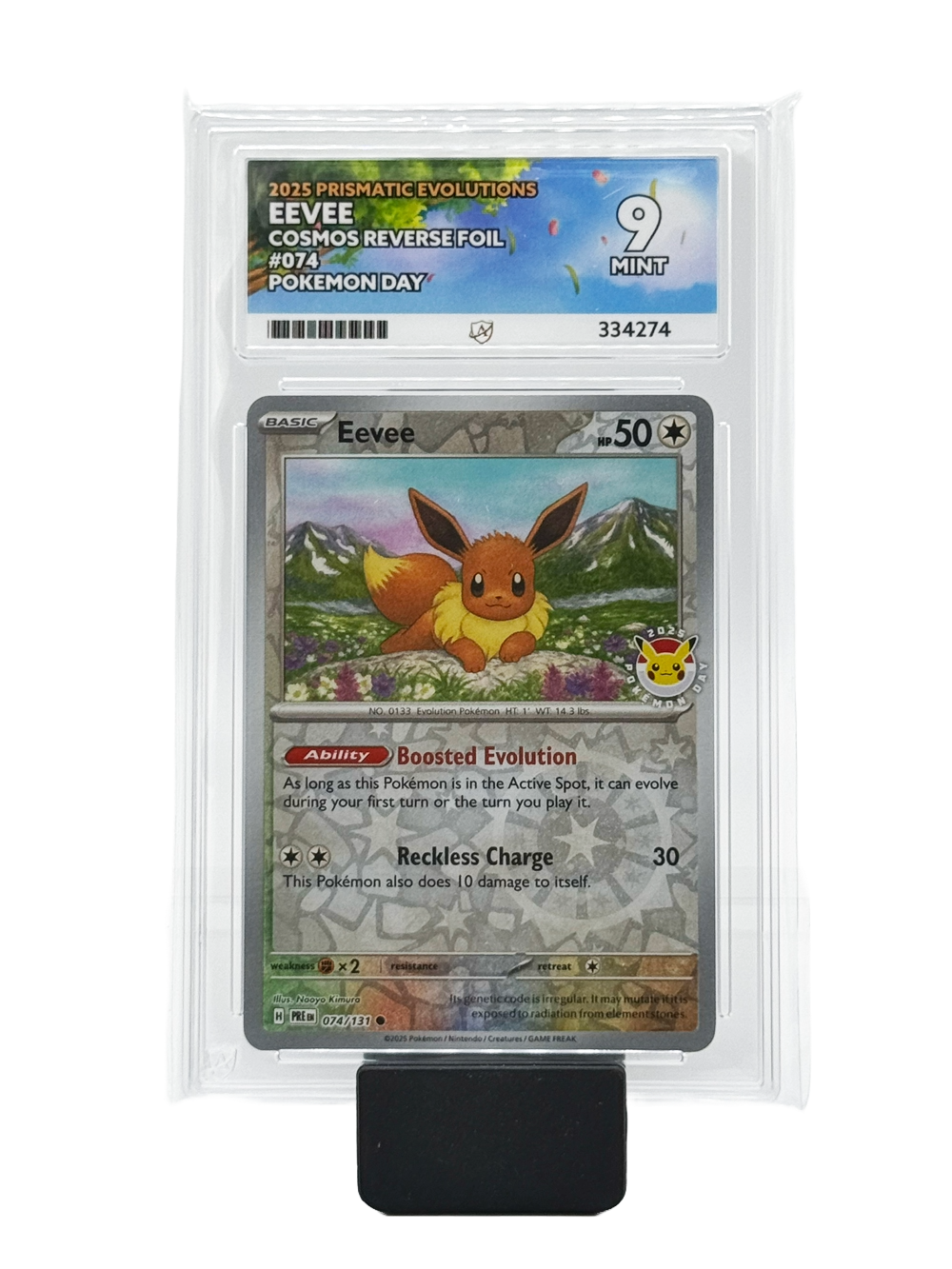 Eevee #074 - 2025 Pokemon Day - Prismatic Evolutions - Mint 9 (Ace Label)